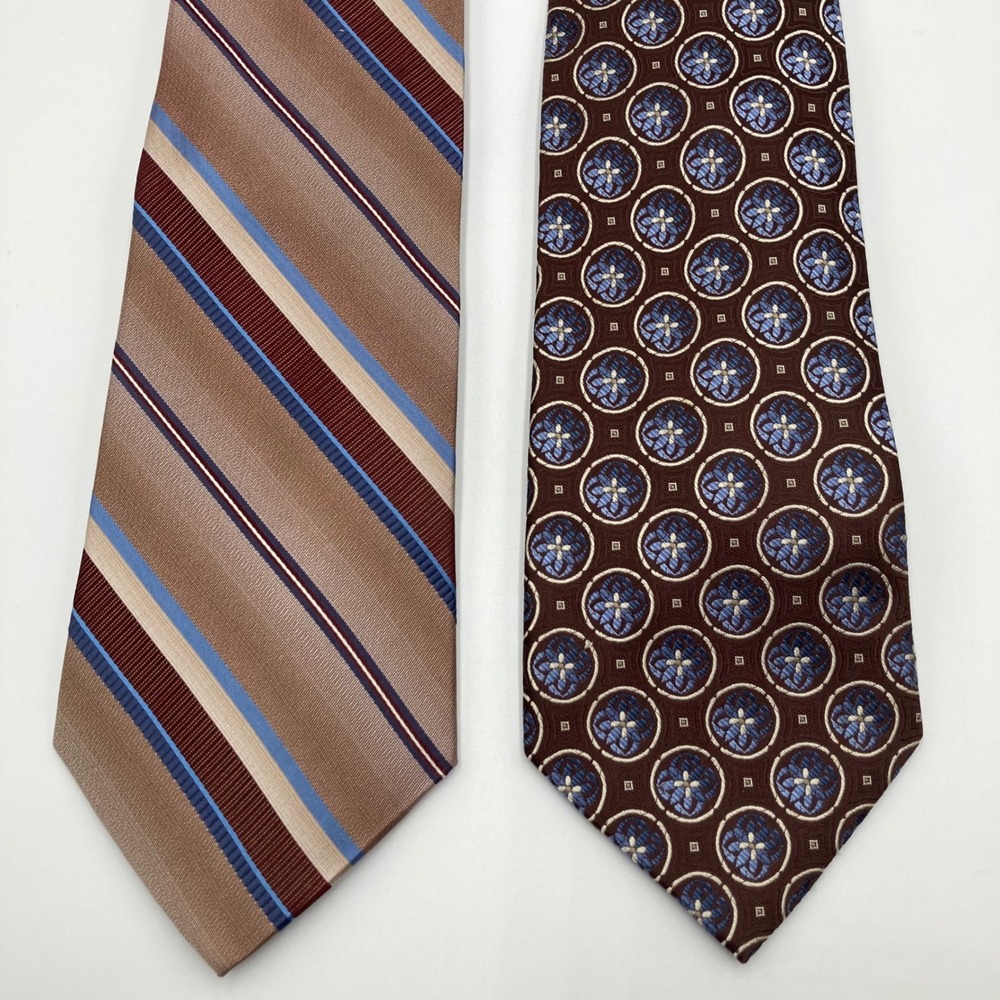 Vintage PRONTO UOMO 100% Silk Mens Tie Brown‎ Blue Geometric Stripe Set of 2